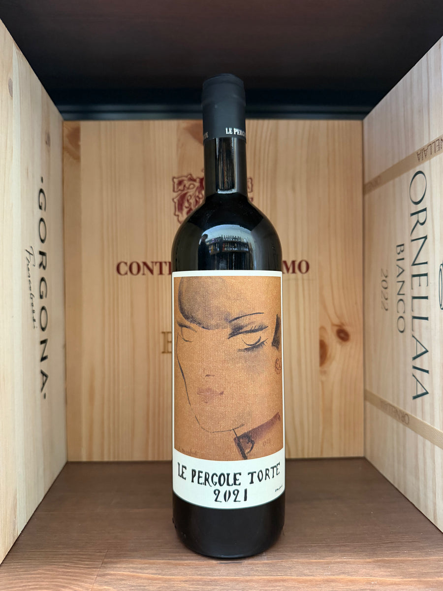 Bottiglia di Montevertine Pergole Torte 2021 Enoteche Toscane, vino rosso toscano in bottiglia con etichetta elegante.