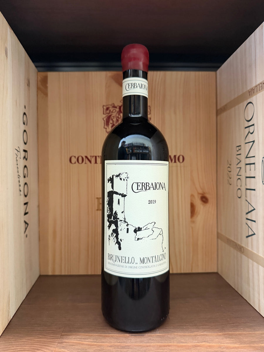 Bottiglia di vino Cerbaiona Brunello di Montalcino 2019, Enoteche Toscane, con etichetta elegante e bottiglia in primo piano