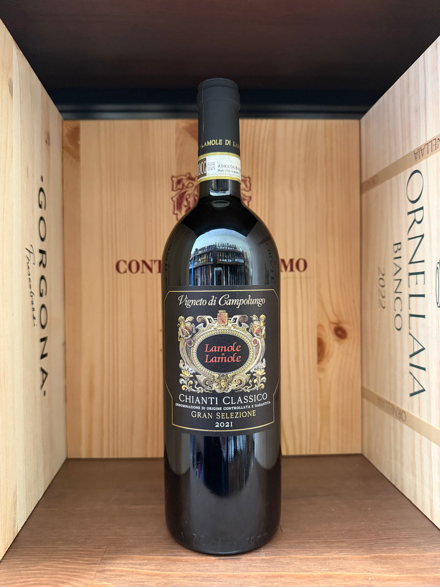Bottiglia di vino Chianti Gran Selezione 2021 Lamole Vigneto di Campoluogo, prodotto da Enoteche Toscane.