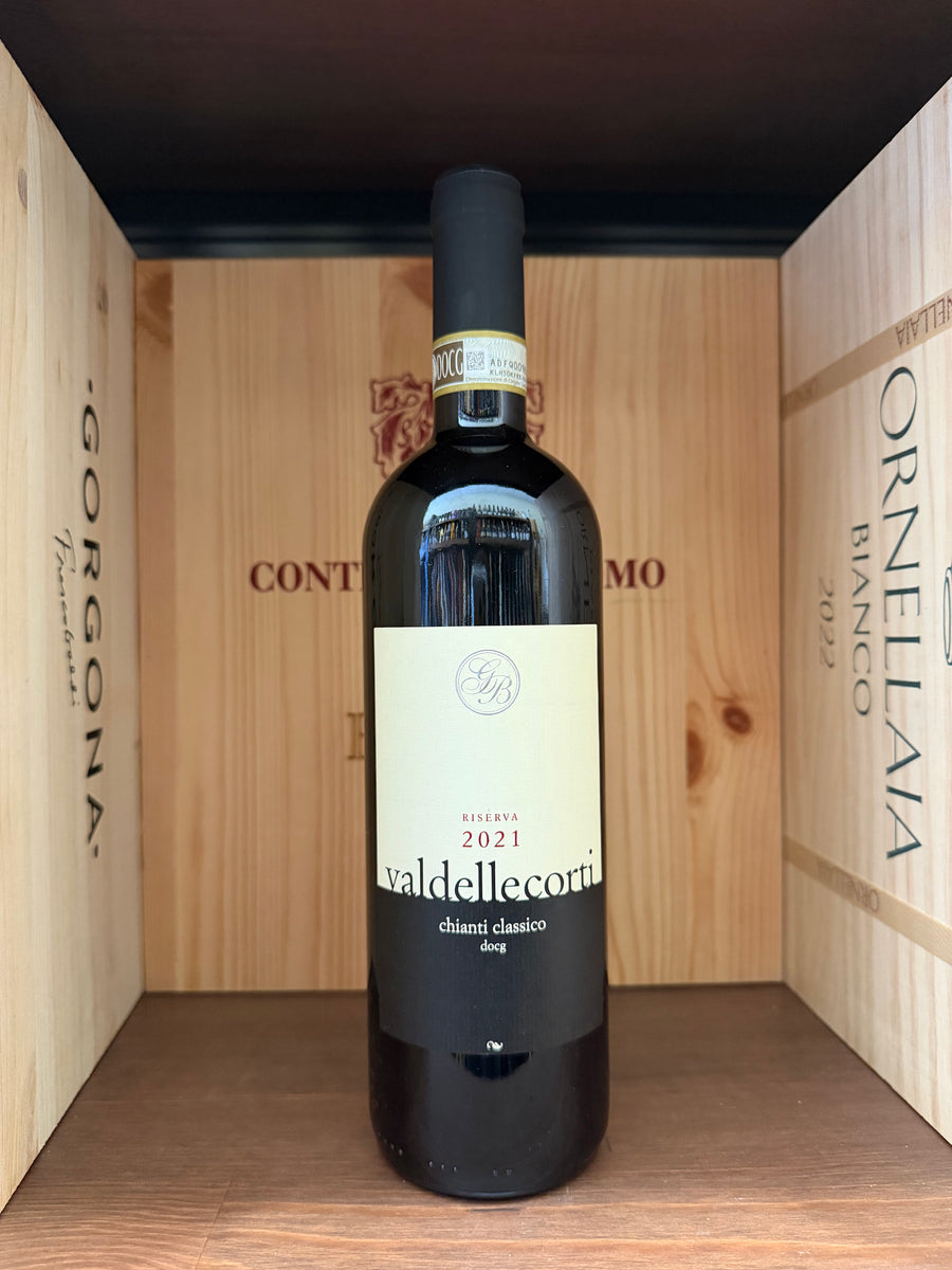 Bottiglia di vino Chianti Riserva 2021 Valdellecorti di Enoteche Toscane, con etichetta elegante e dettagliata.