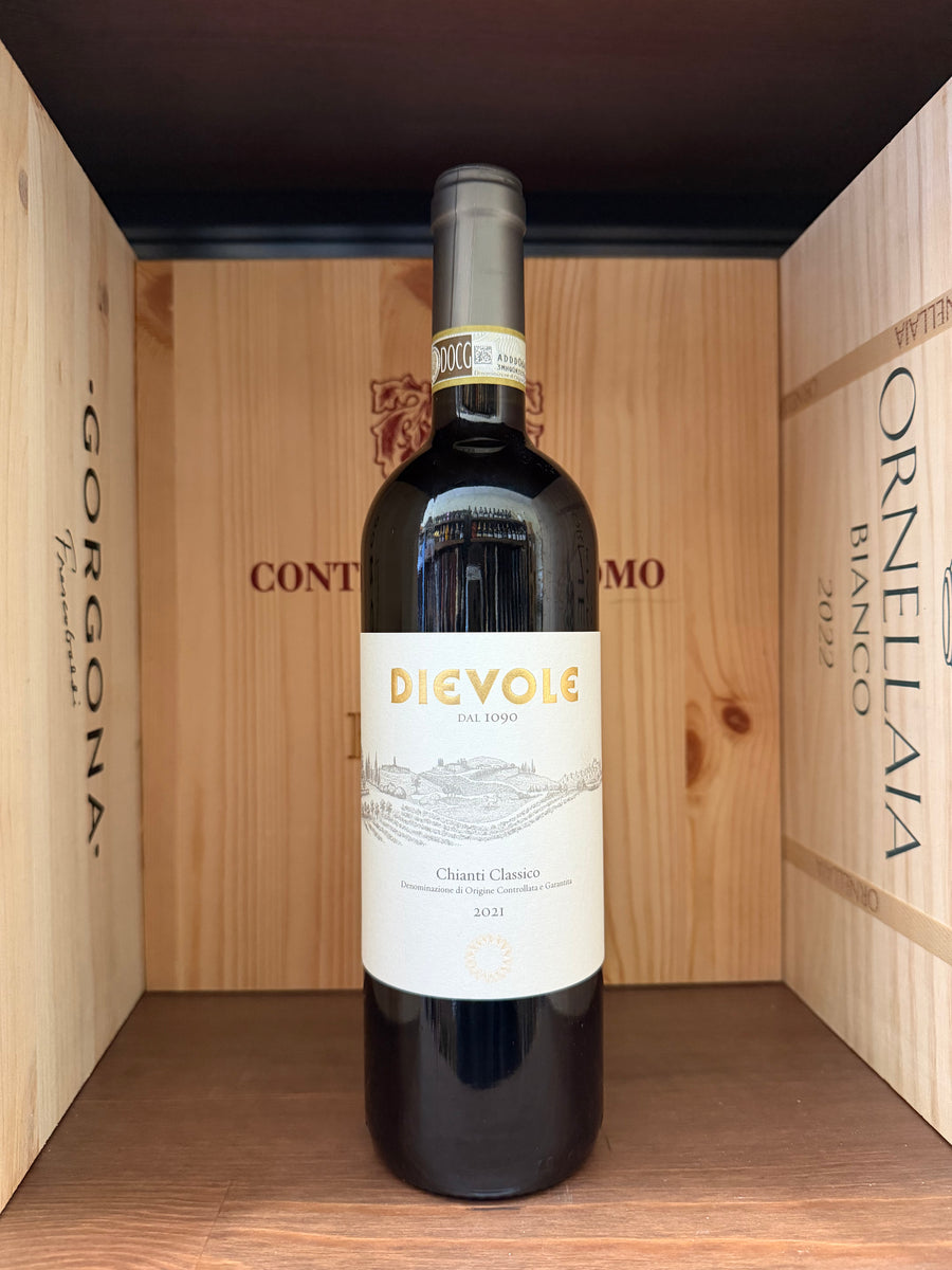 Bottiglia di vino Dievole Chianti Classico 2021 di Enoteche Toscane, con etichetta e tappo visibili.