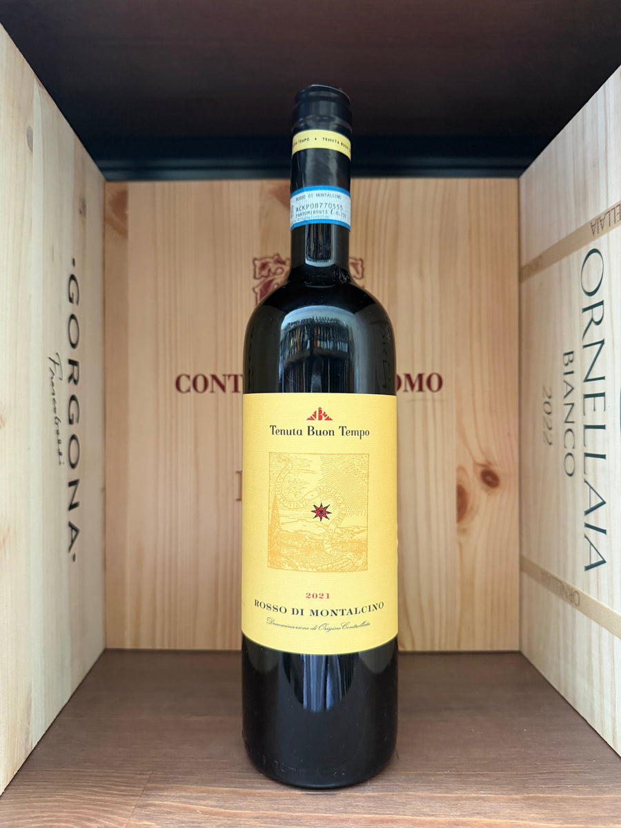 Bottiglia di Tenuta Buon Tempo Rosso di Montalcino 2021 di Enoteche Toscane su sfondo neutro