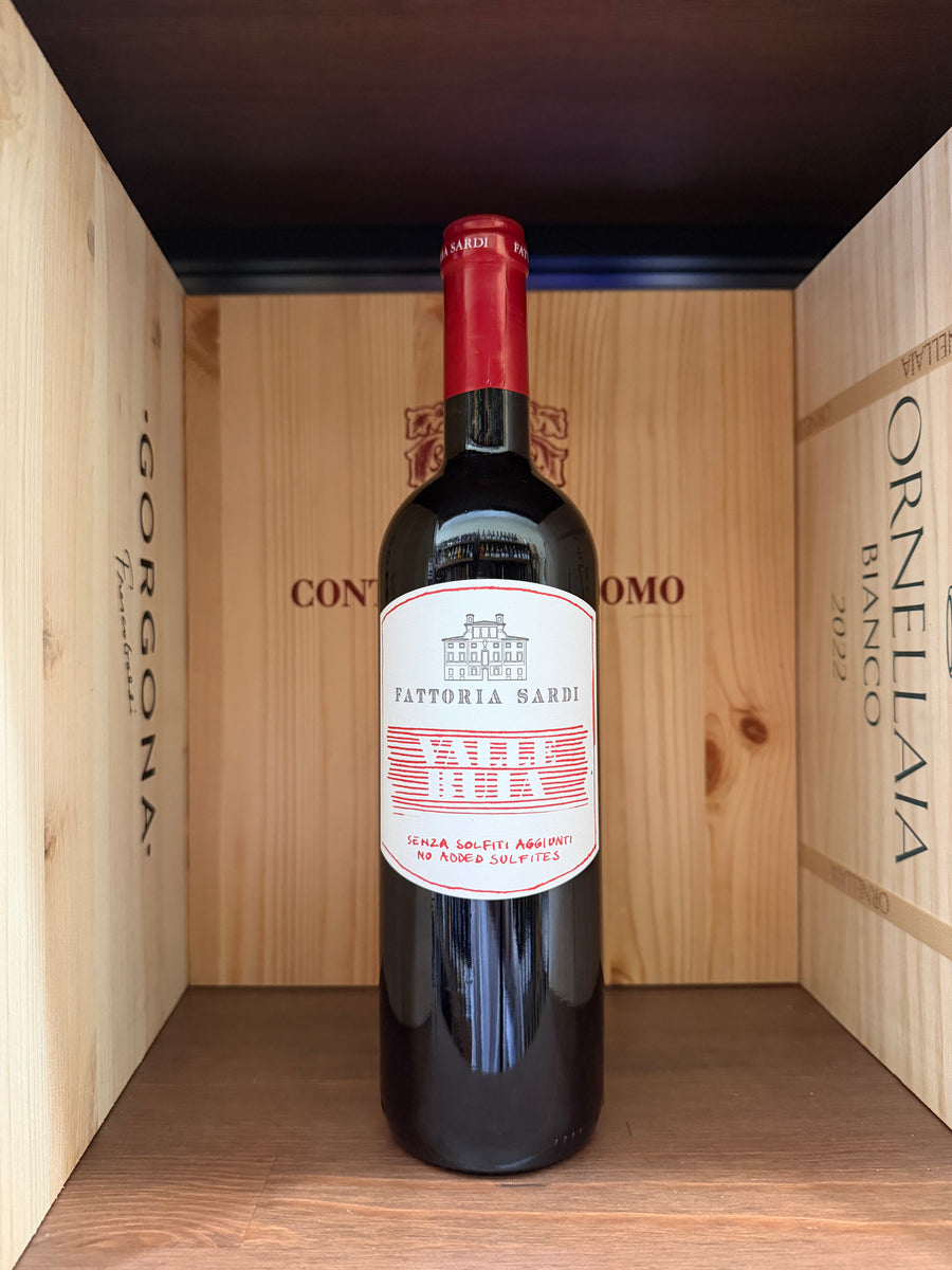 Bottiglia di Valle Buia Rosso Fattoria Sardi 2024, vino rosso toscano con etichetta elegante, in un calice di vino.
