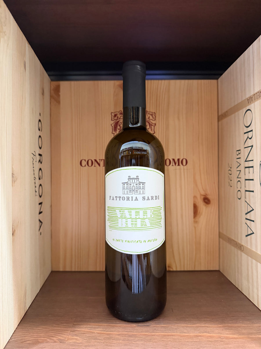 Bottiglia di Valle Buia Fattoria Sardi 2024, vino toscano rosso con etichetta elegante e dettagli del tappo in sughero.