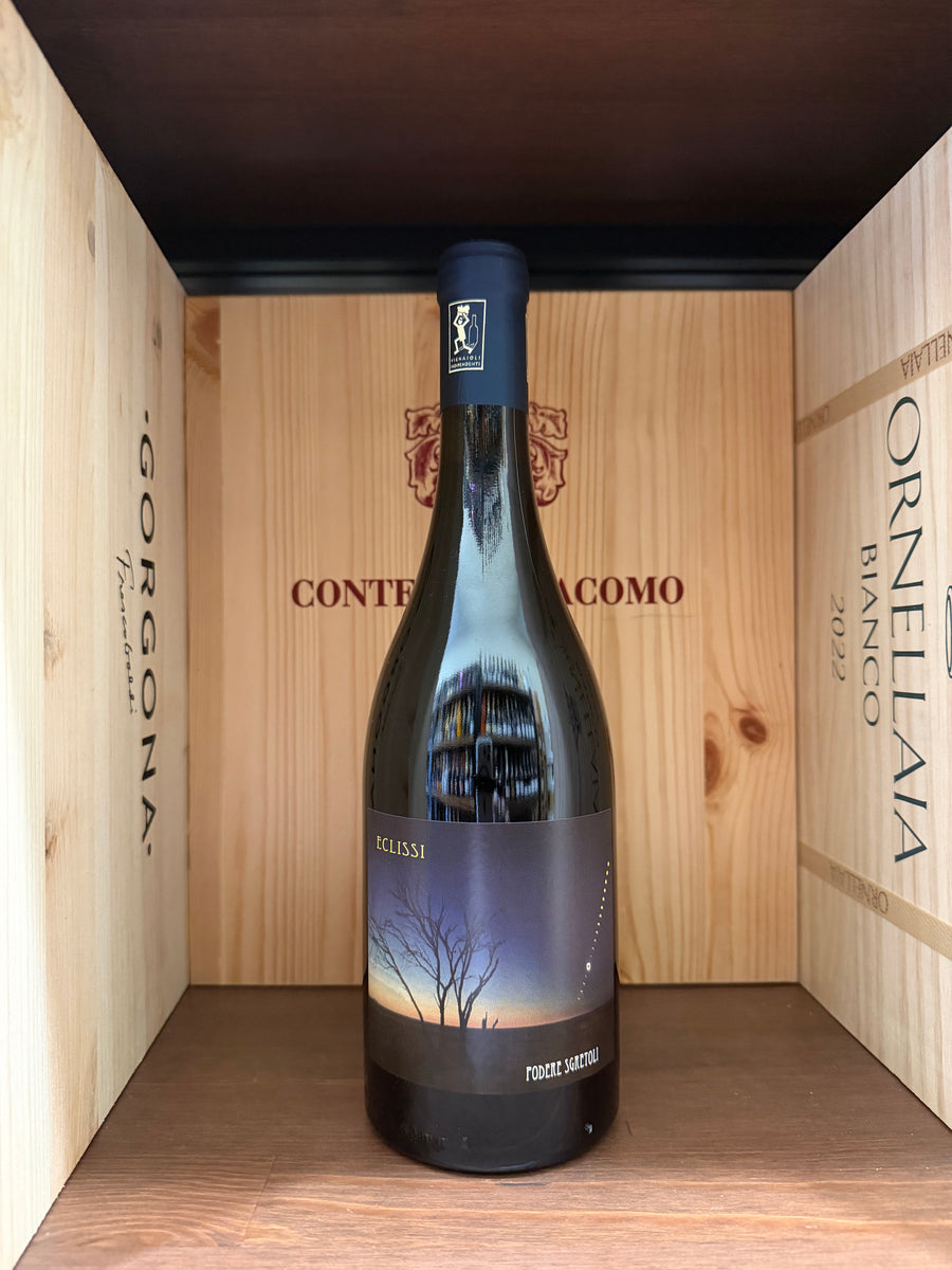 Vigneti di Eclissi Podere Sgretoli 2023, bottiglia di vino rosso Enoteche Toscane, con etichetta e sfondo naturale