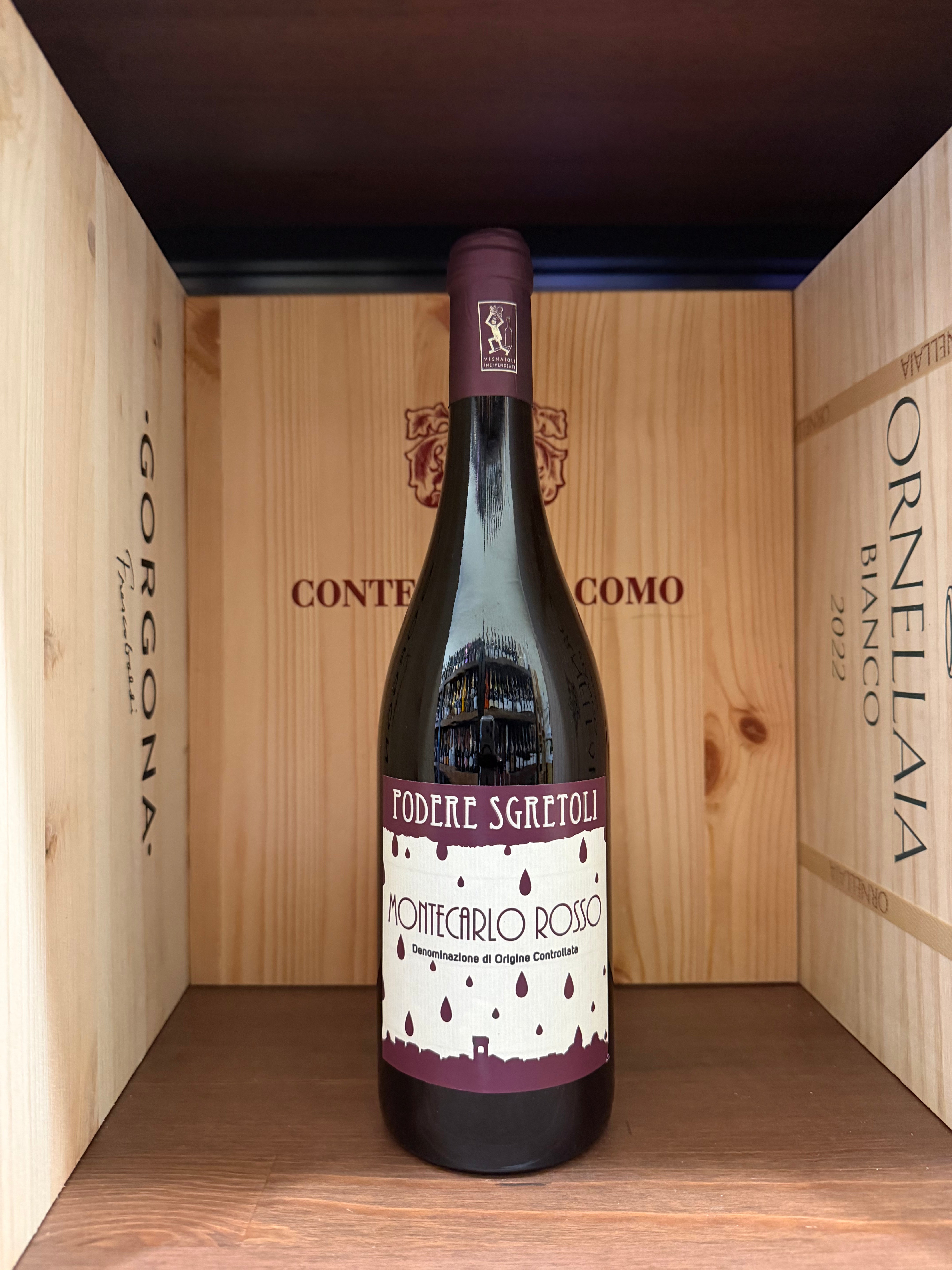 Bottiglia di Montecarlo Rosso 2023 di Podere Sgretoli, vino rosso toscano in bottiglia con etichetta dettagliata