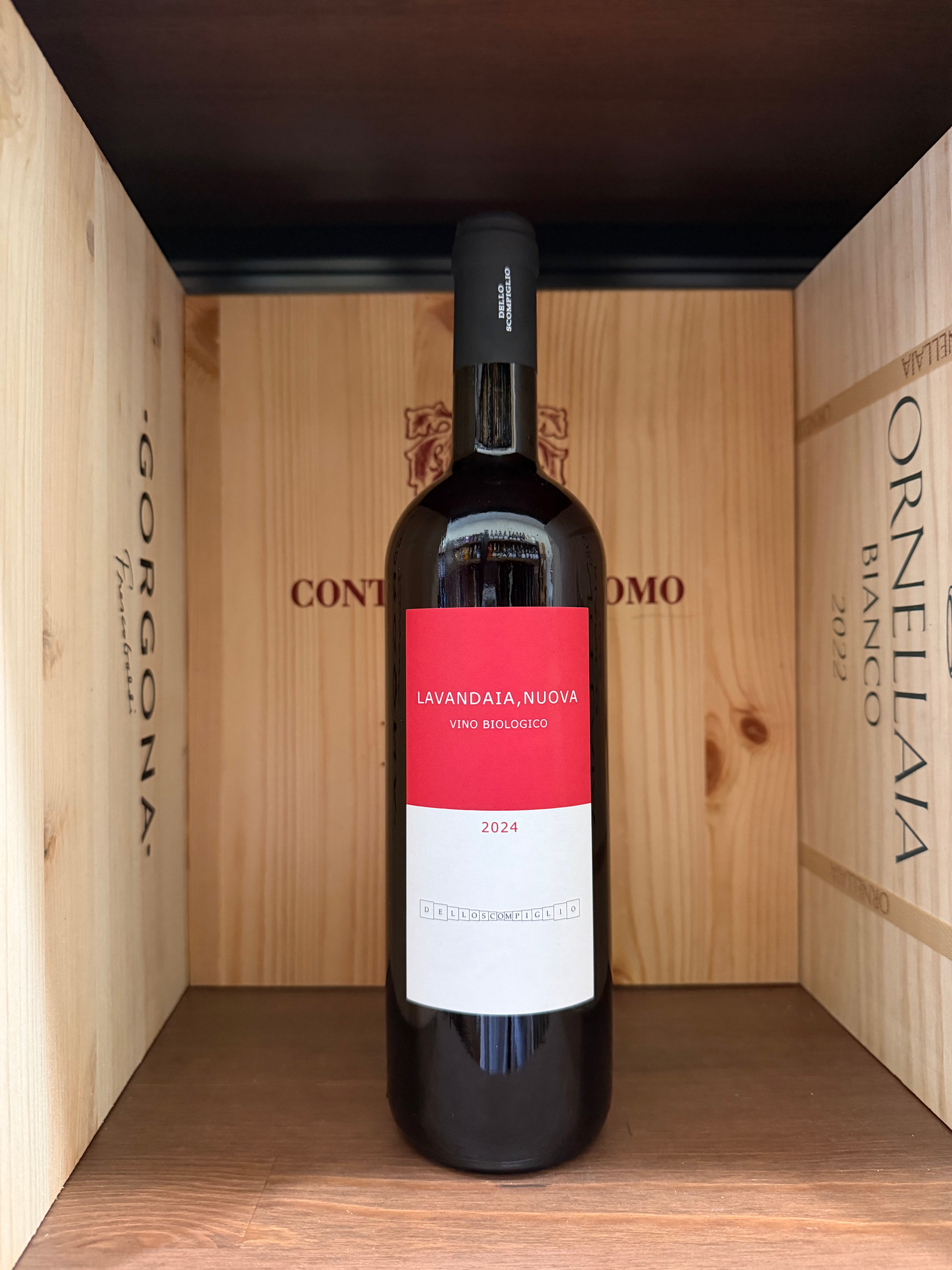 Bottiglia di Lavandaia Nuova 2024 Tenuta Dello Scompiglio, vino toscano con etichetta elegante e dettagli artistici.