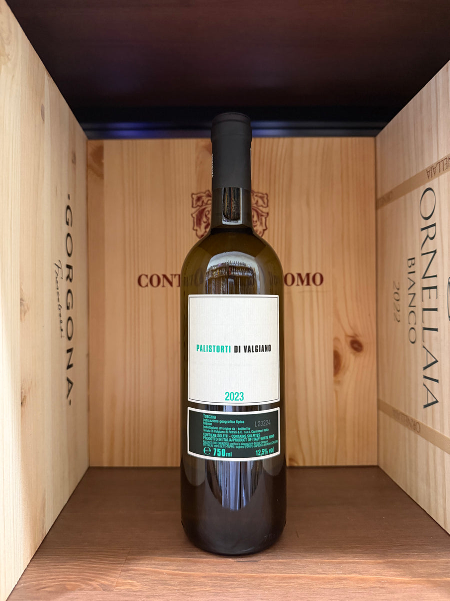 Bottiglia di Palistorti Di Valgiano 2023 Bianco, vino bianco toscano con etichetta elegante, pronta per essere servita.