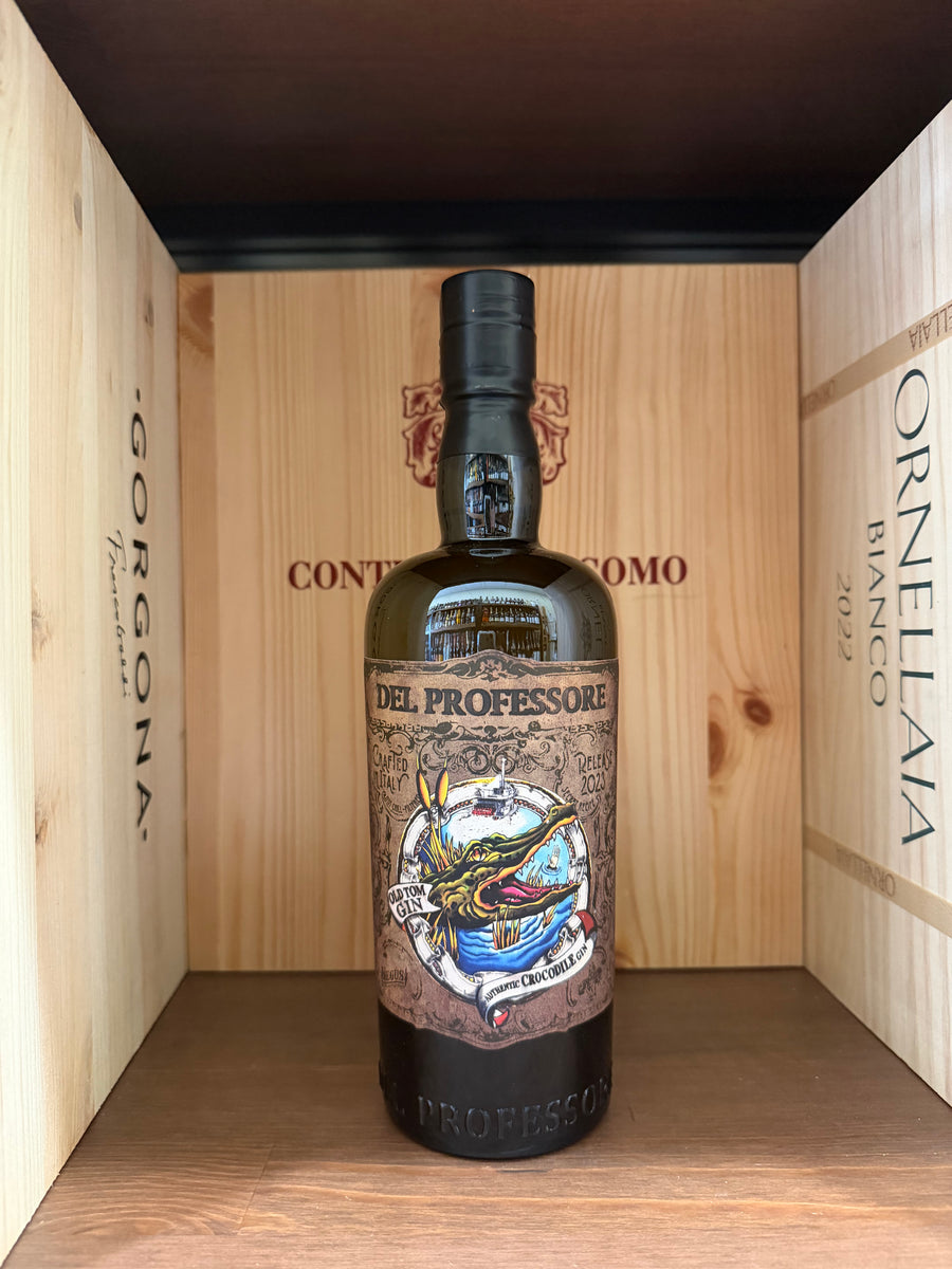 Bottiglia di gin Del Professore Crocodile di Enoteche Toscane su sfondo neutro, evidenziando l'etichetta e il design della bottiglia.