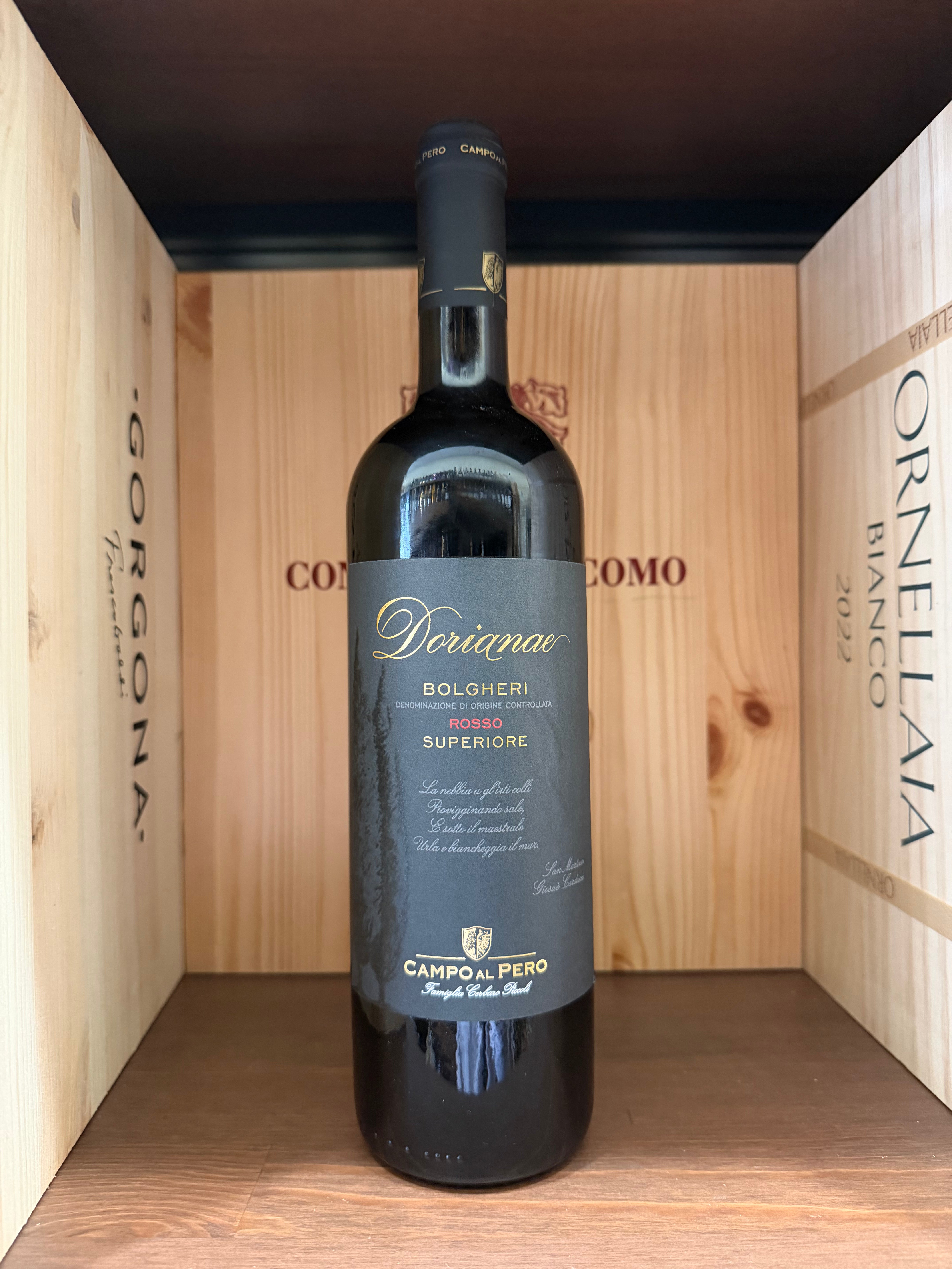 Bottiglia di vino rosso Dorianae Bolgheri Sup. 2017 Campo Al Pero di Enoteche Toscane, con etichetta elegante e dettagliata