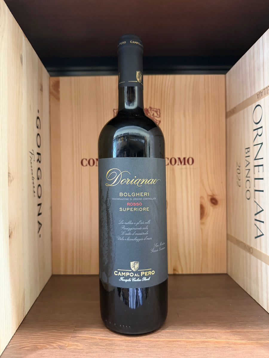 Bottiglia di vino rosso Dorianae Bolgheri Sup. 2017 Campo Al Pero di Enoteche Toscane, con etichetta elegante e dettagliata
