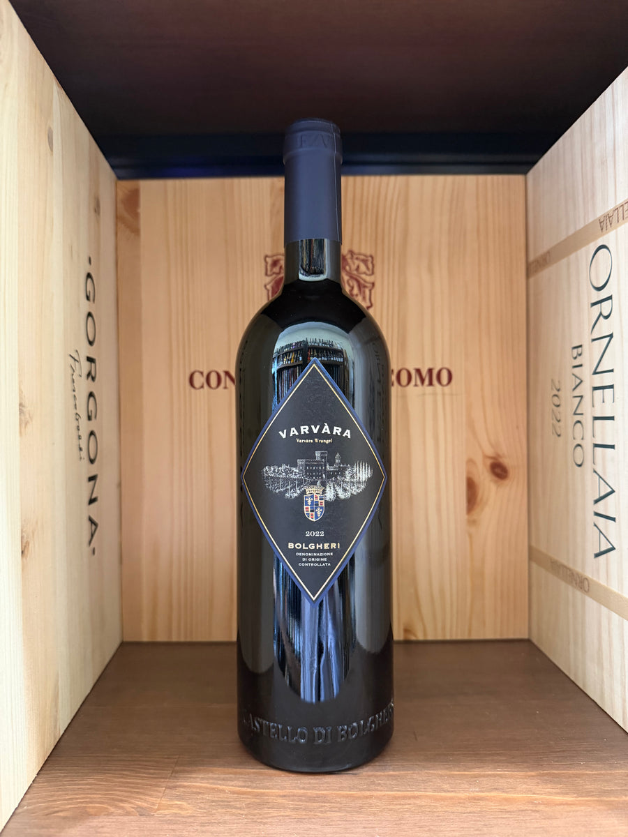 Bottiglia di vino rosso Varvàra Bolgheri 2022 di Enoteche Toscane, con etichetta elegante e tappo in sughero.