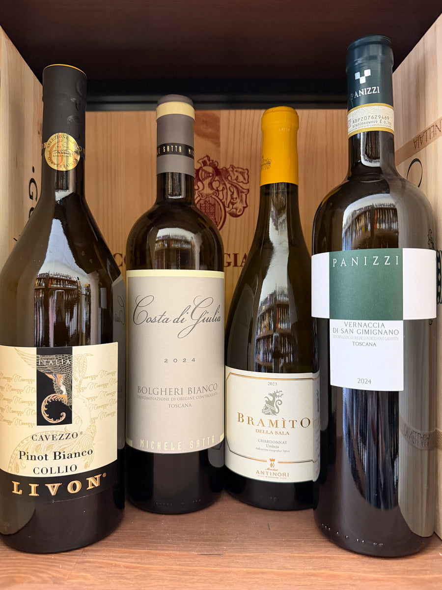 Scatola con 4 bottiglie di vino bianco Enoteche Toscane, confezione regalo elegante e elegante.