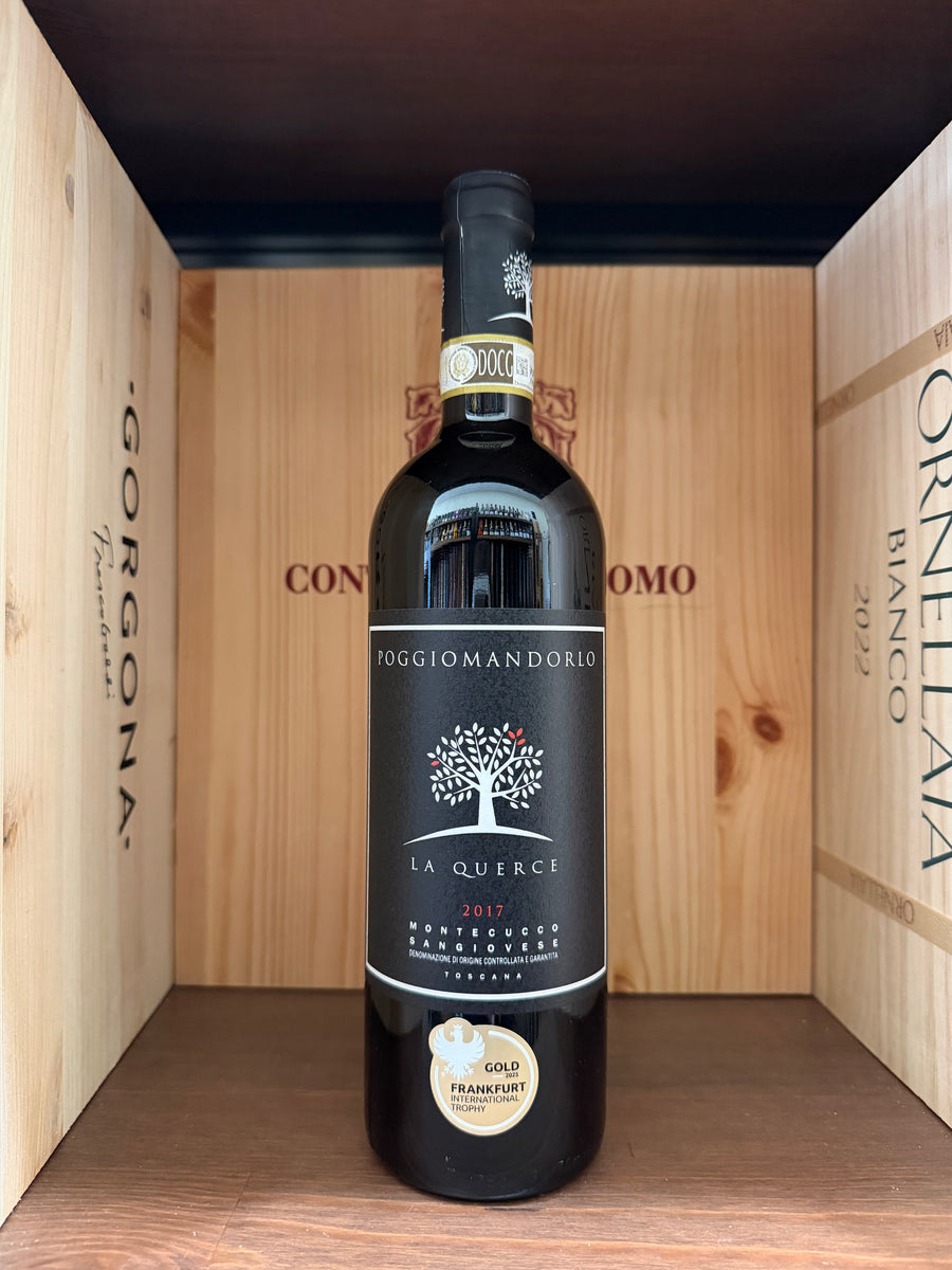 Bottiglia di vino rosso Le Querce 2017 Poggiomandorlo di Enoteche Toscane, vista frontale con etichetta dettagliata