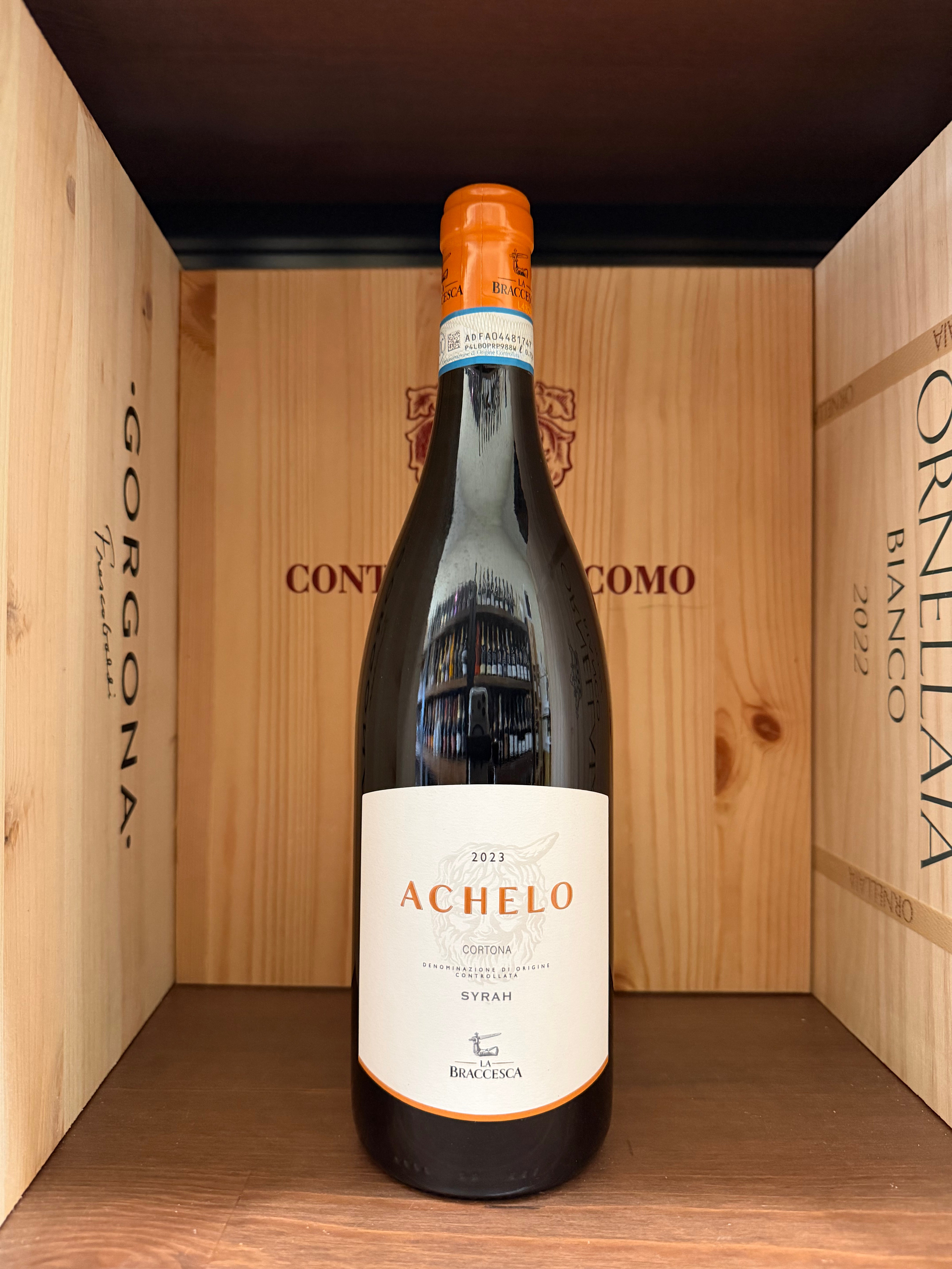 Bottiglia di vino Achelo 2023 La Braccesca di Enoteche Toscane, vista frontale con etichetta dettagliata.