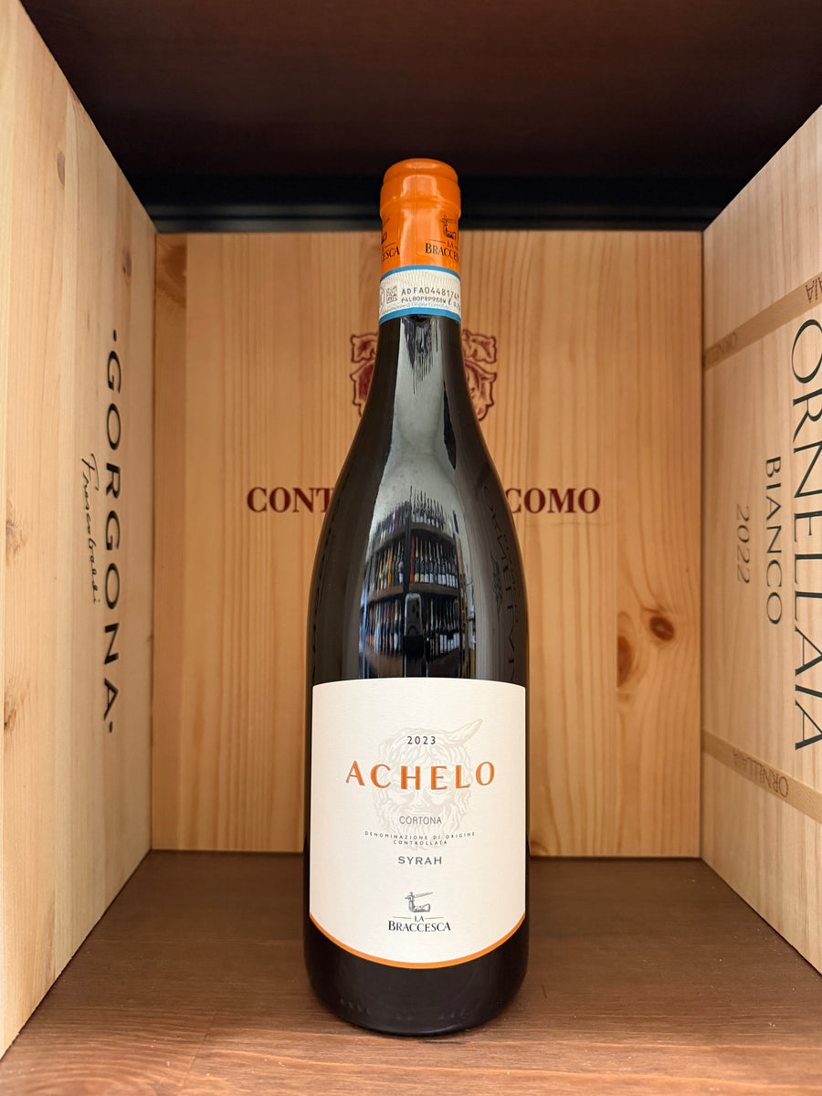 Bottiglia di vino Achelo 2023 La Braccesca di Enoteche Toscane, vista frontale con etichetta dettagliata.