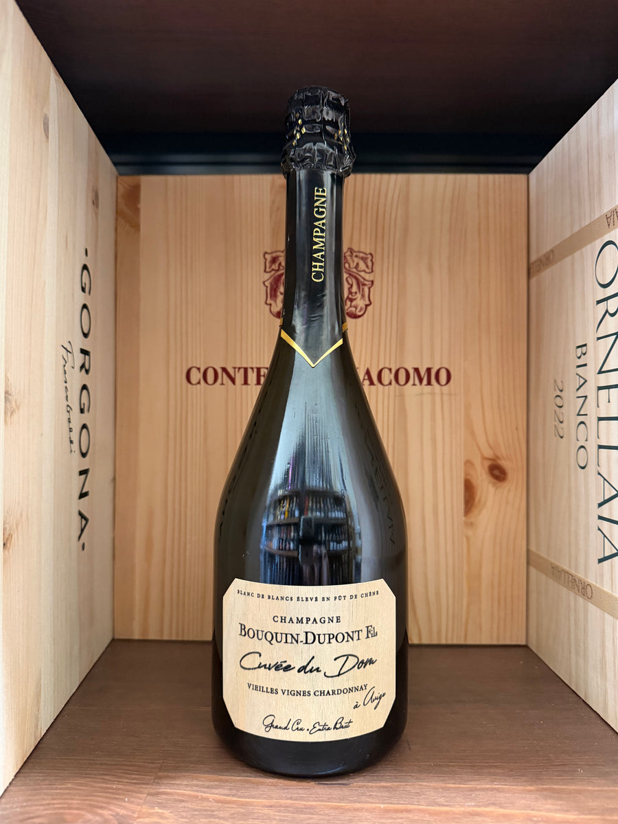 Bottiglia di Bouquin - Dupont Cuveé du Dim Extra Brut di Enoteche Toscane, vista dell'etichetta sulla bottiglia di champagne.