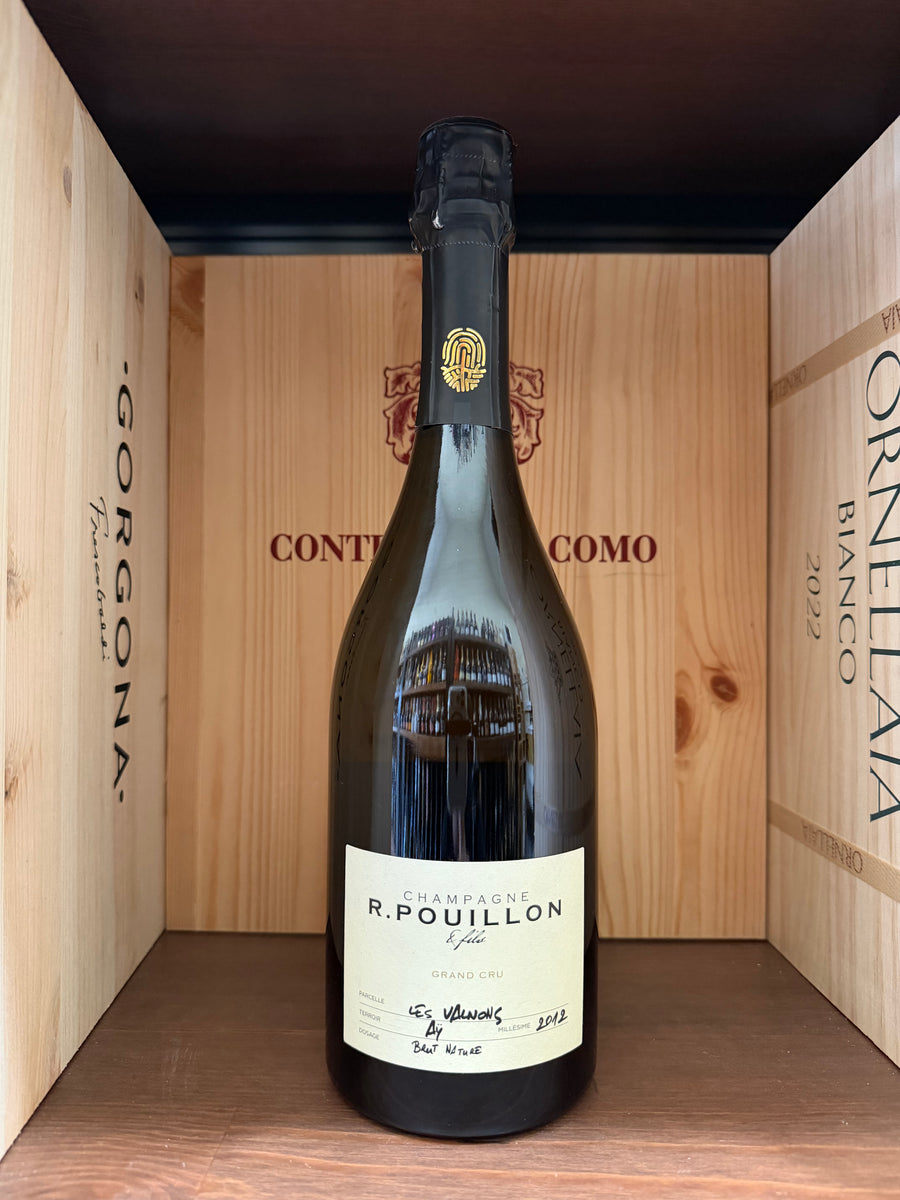 Bottiglia di vino R.Pouillon Premier Les Valnons Gran Cru Brut Nature 2012, etichetta elegante, in una cornice neutra.