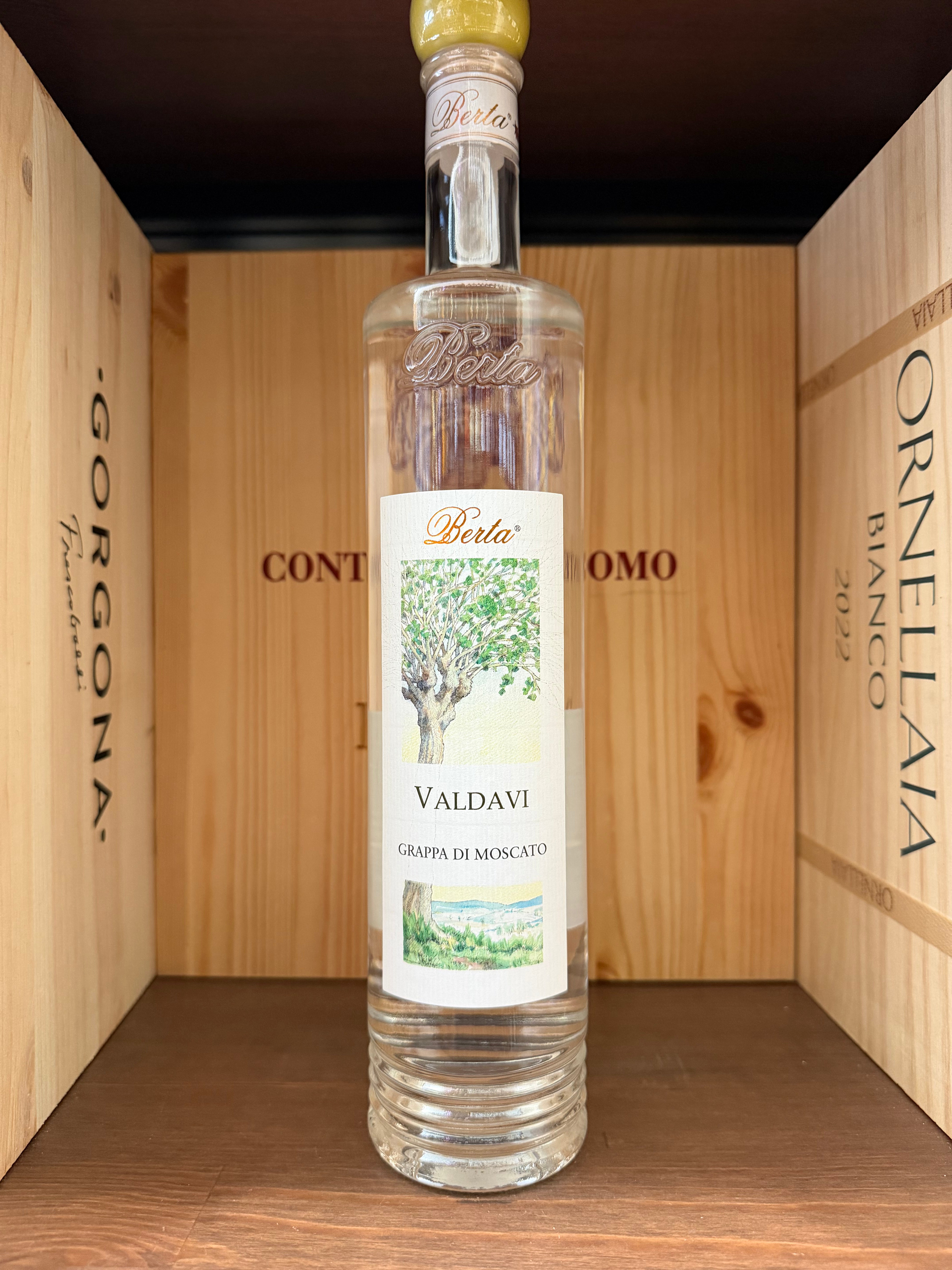 Bottiglia di grappa di Moscato Berta Valdavi, con etichetta elegante, in una scena che mostra il prodotto in primo piano.