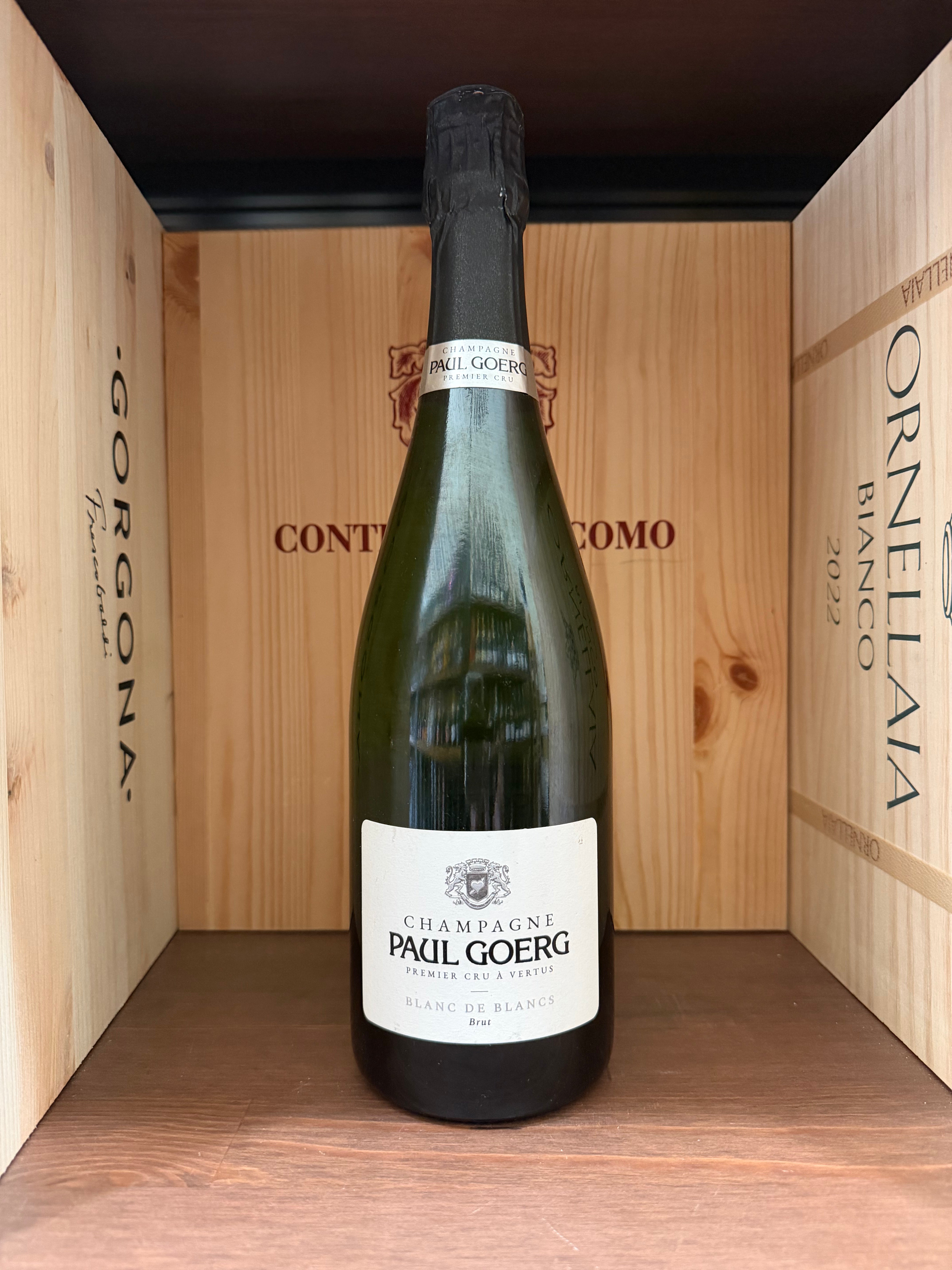 Bottiglia di Champagne Paul Goerg Blanc De Blancs Brut con etichetta elegante, in una cornice raffinata.