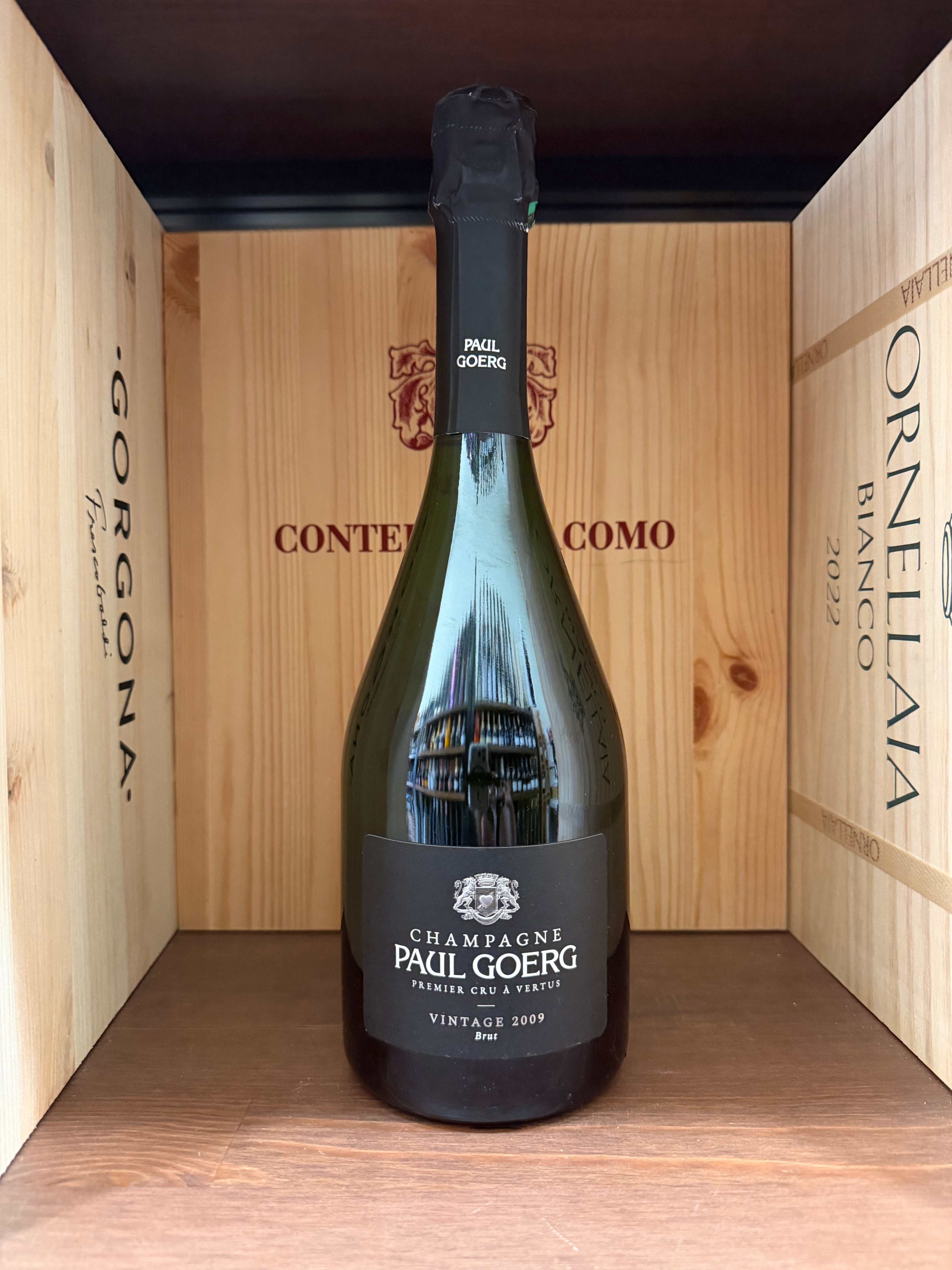 Bottiglia di Bordeaux Paul Goerg Premier Cru Vintage 2009, vino spumante Chardonnay, in una bottiglia elegante su sfondo neutro