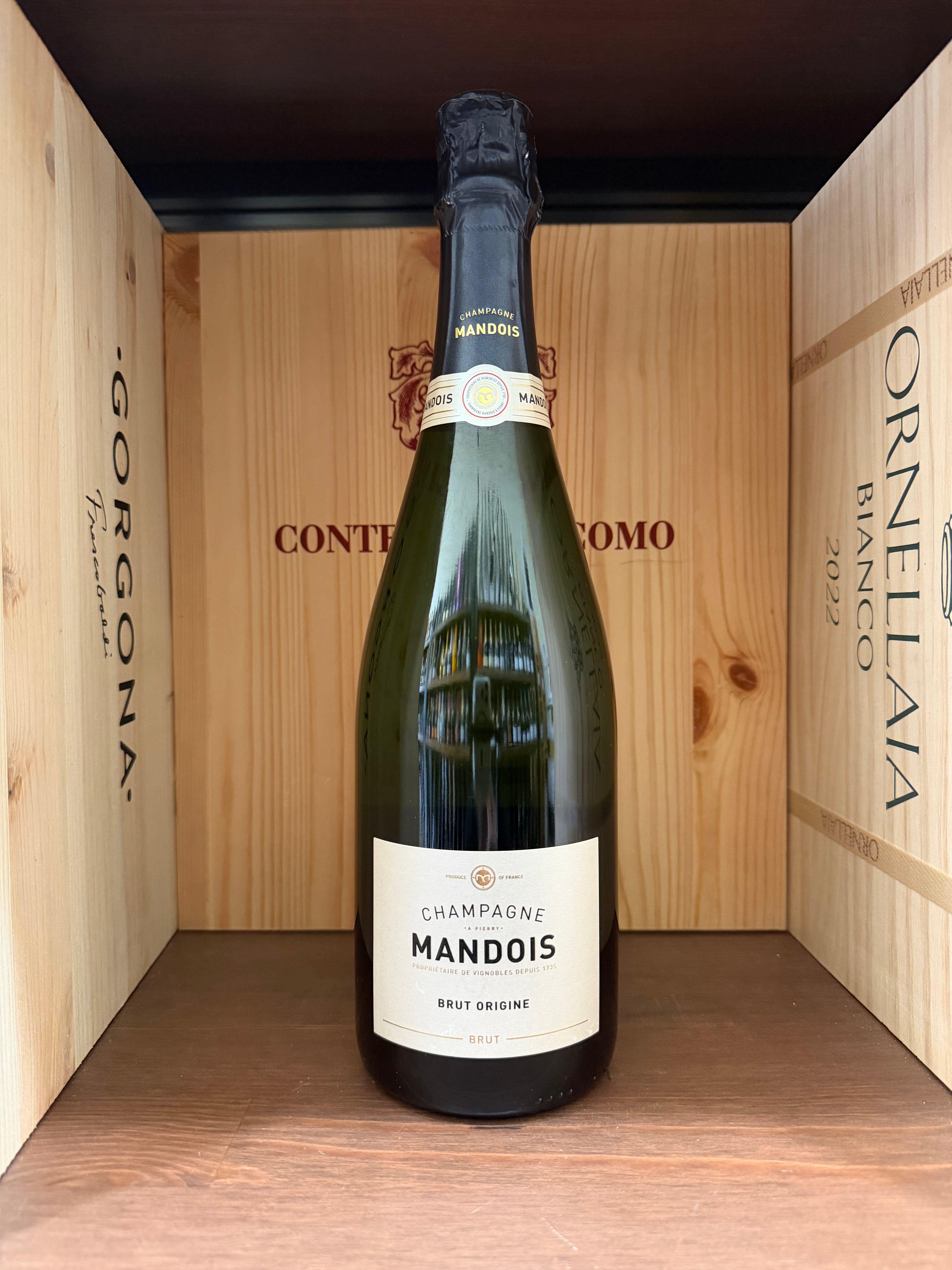 Bottiglia di Mondois Brut, vino spumante italiano della Enoteche Toscane, con etichetta elegante e tappo in sughero.