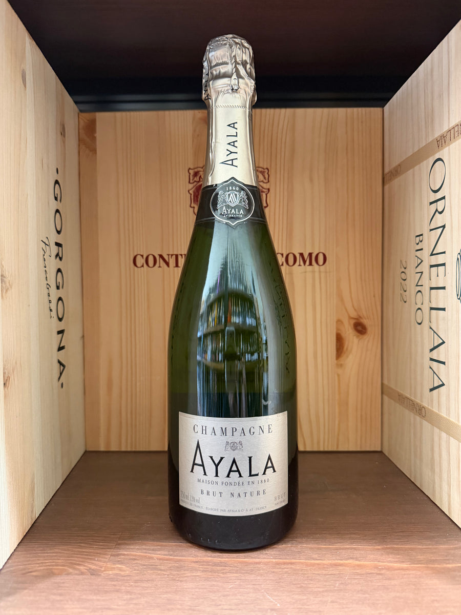 Bottiglia di Ayala Brut Nature di Enoteche Toscane, champagne elegante con etichetta chiara e dettagli sofisticati.