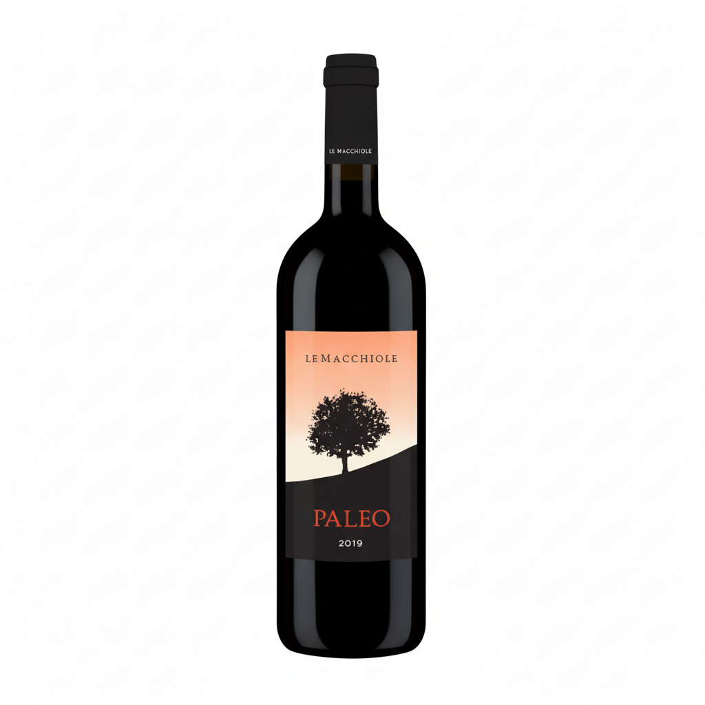 Bottiglia di vino Le Macchiole Paleo 2020, etichetta elegante, in bottiglia di vetro con tappo in sughero.