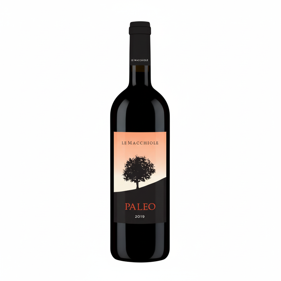 Bottiglia di vino Le Macchiole Paleo 2020, etichetta elegante, in bottiglia di vetro con tappo in sughero.