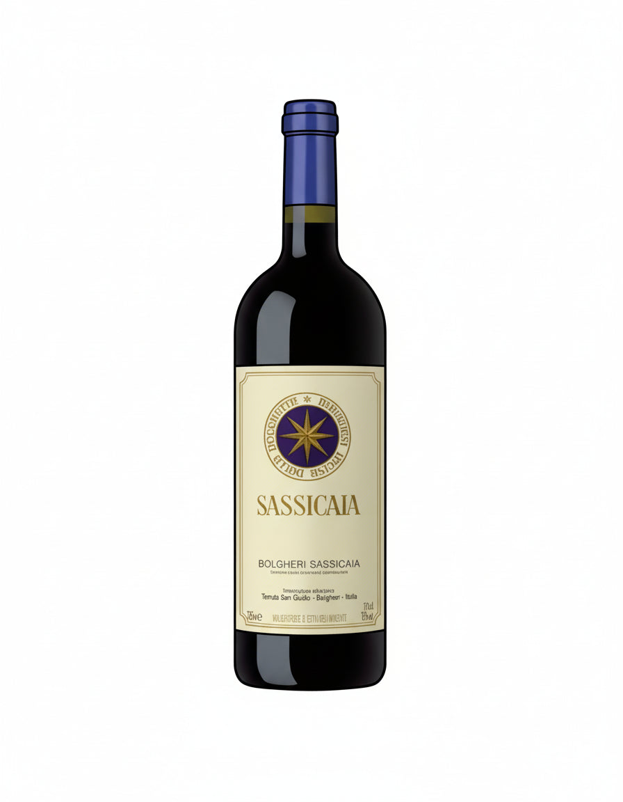 Bottiglia di vino Sassicaia 2022 Bolgheri Sassicaia DOC di Tenuta San Guido su scaffale con etichetta visibile